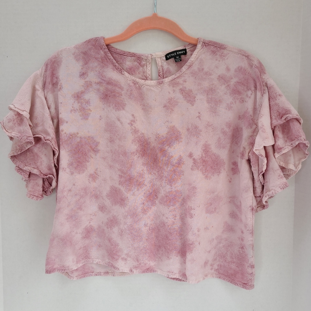 Pink and Mauve tie dye ruffle sleeve crop top